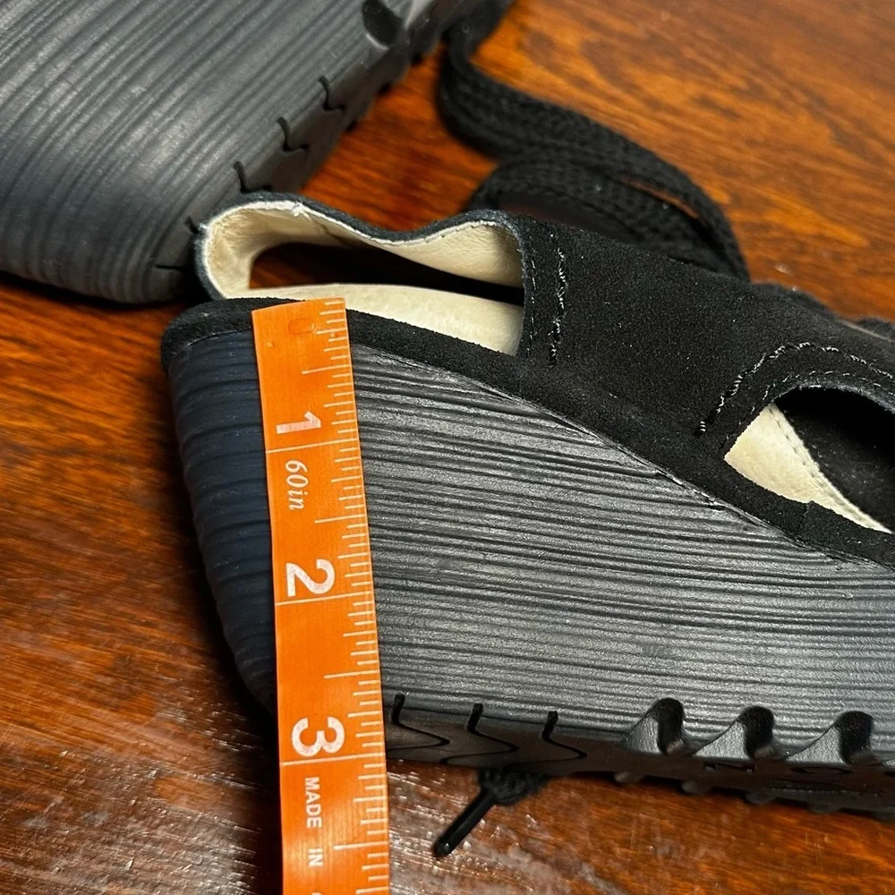 Fly London Tily Black Leather Platform Wedge Sandals Size 39